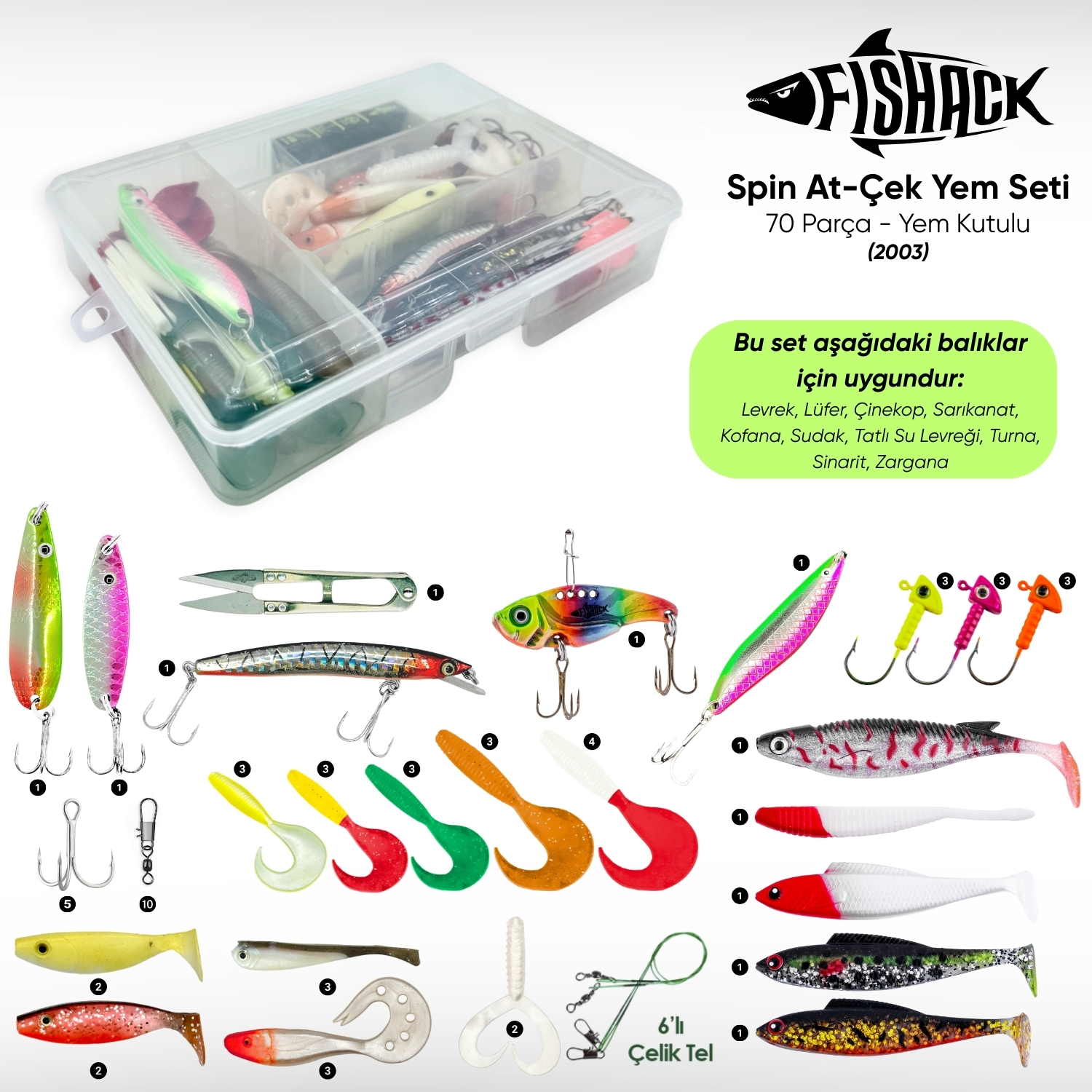 Silikon Spin At-Çek Yem Seti - 70 Parça - Yem Kutulu - Fishack (2003)