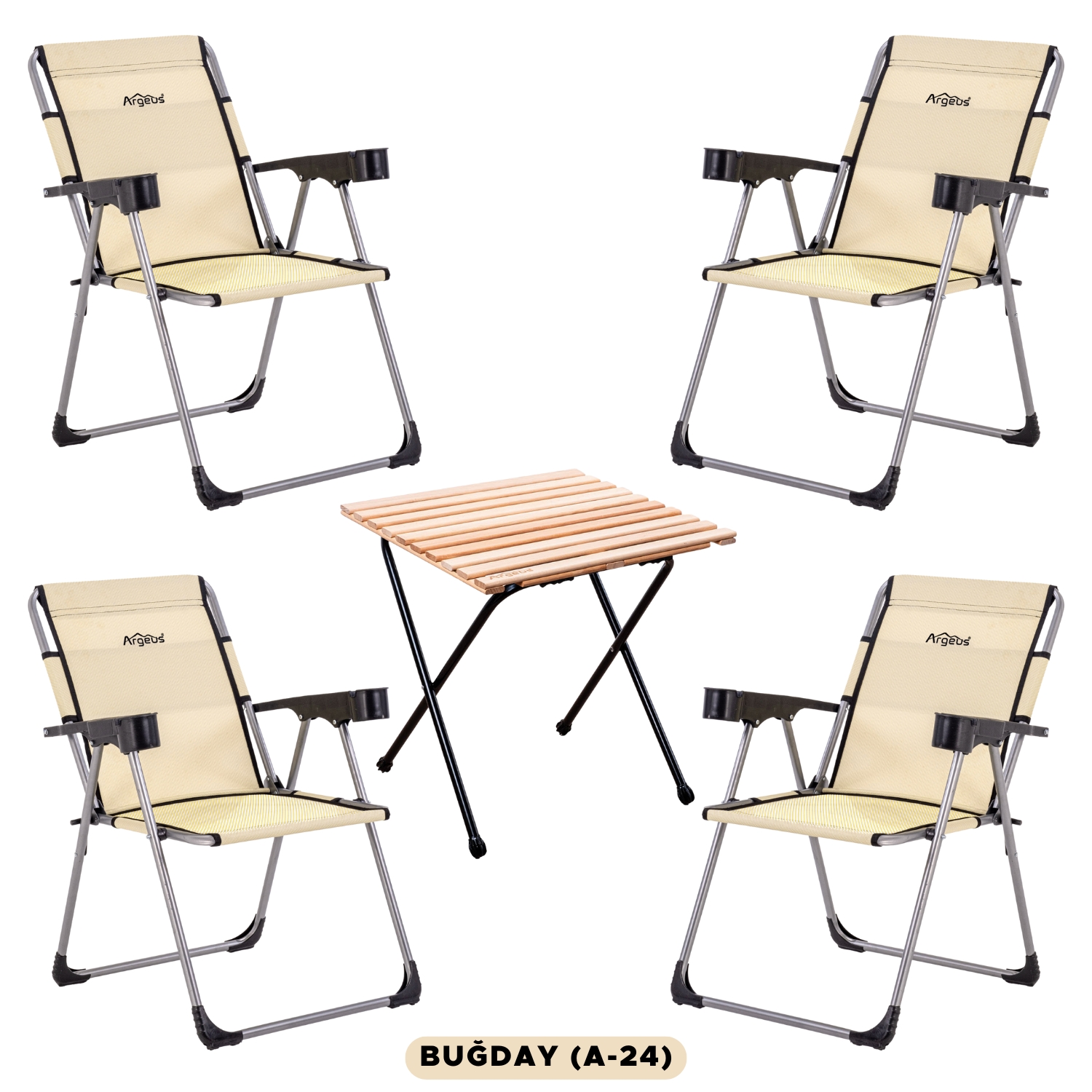 4 Adet Katlanır Kamp Sandalyesi ve Masa Seti - Rock - Buğday - Bardaklıklı - 140 KG