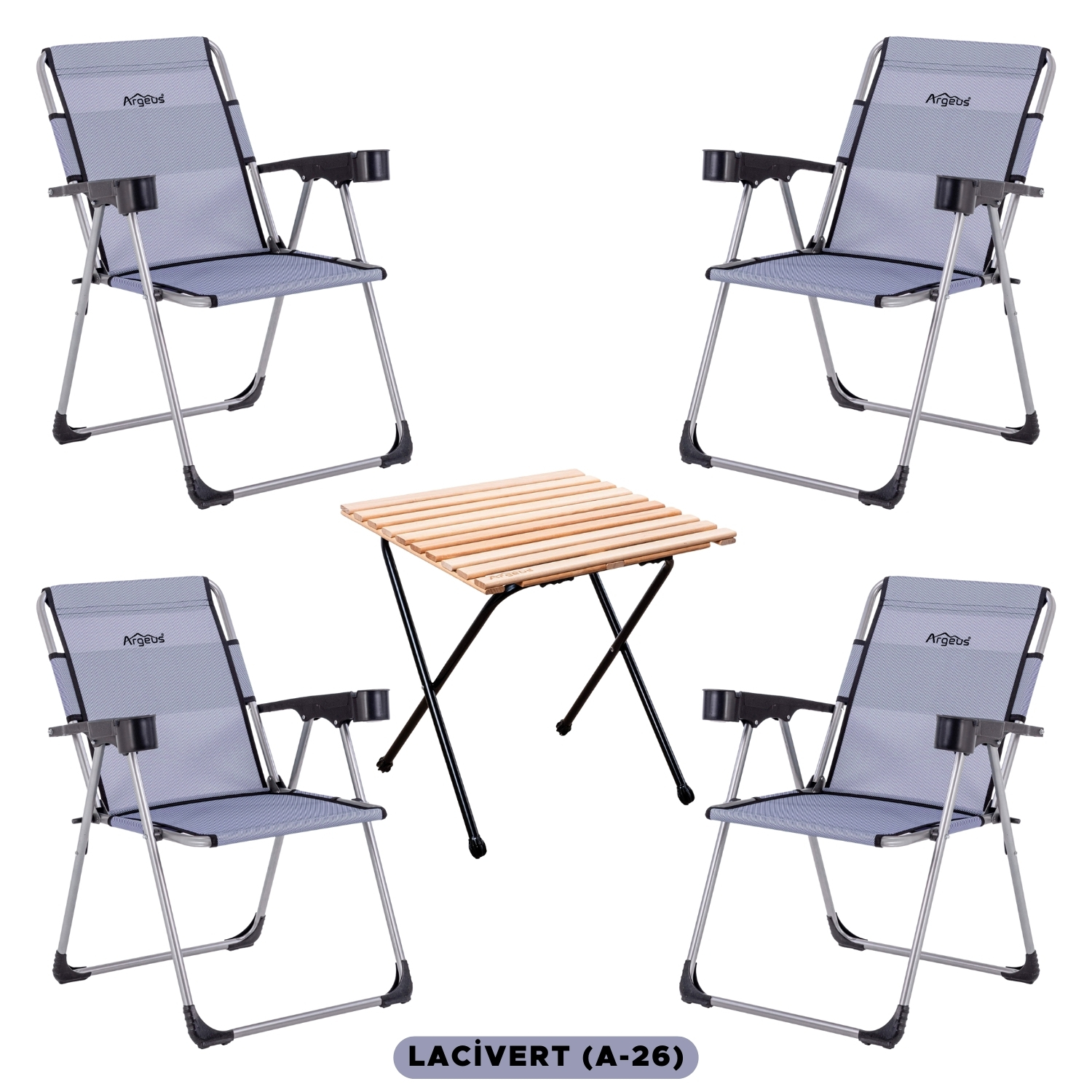 4 Adet Katlanır Kamp Sandalyesi ve Masa Seti - Rock - Lacivert - Bardaklıklı - 140 KG